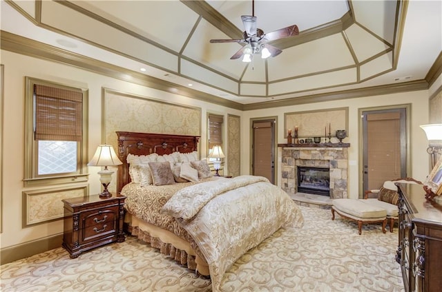 2740 Drayton Hall Dr, Buford, GA 30519 - carpeted bedroom with crown molding, ceiling fan, and a fireplace