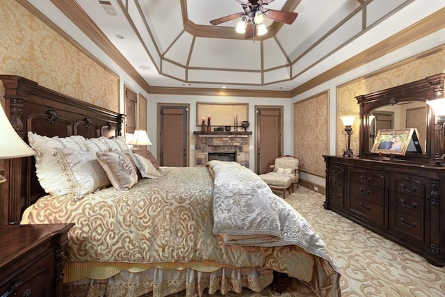 2740 Drayton Hall Dr, Buford, GA 30519 - bedroom with a fireplace, visible vents, light colored carpet, and ornamental molding