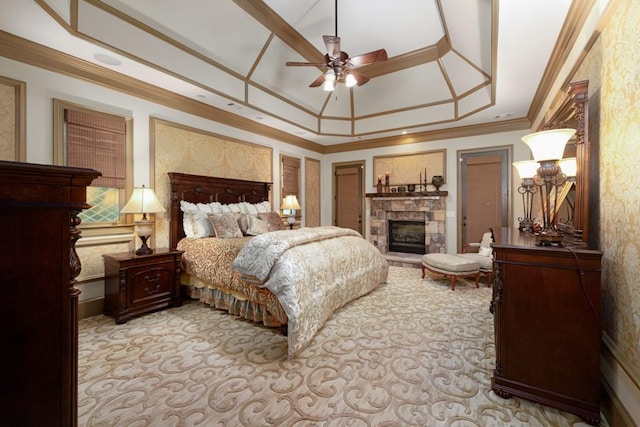 2740 Drayton Hall Dr, Buford, GA 30519 - bedroom with ornamental molding, ceiling fan, a fireplace, vaulted ceiling, and light colored carpet