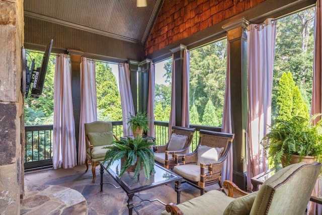 2740 Drayton Hall Dr, Buford, GA 30519 - sunroom / solarium with high vaulted ceiling and stone flooring