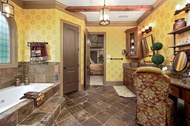 2740 Drayton Hall Dr, Buford, GA 30519 - ensuite bathroom with vanity, wallpapered walls, crown molding, a bath, and visible vents