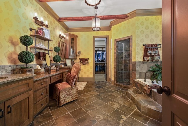 2740 Drayton Hall Dr, Buford, GA 30519 - full bath featuring crown molding, a bath, a shower stall, and wallpapered walls