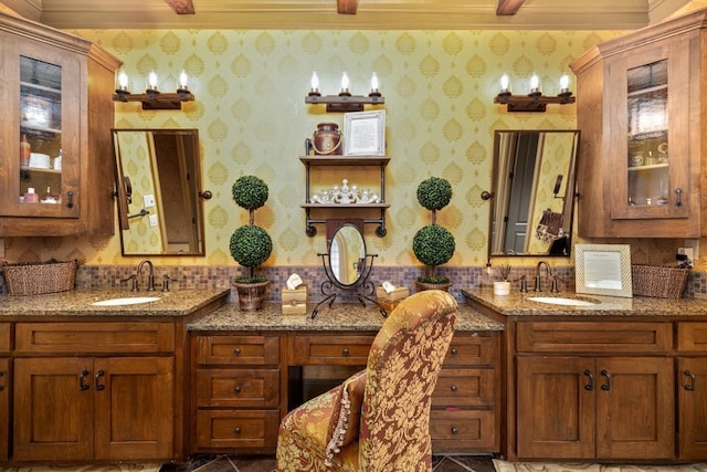 2740 Drayton Hall Dr, Buford, GA 30519 - full bath with crown molding, vanity, and wallpapered walls