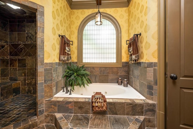 2740 Drayton Hall Dr, Buford, GA 30519 - bathroom with wallpapered walls, ornamental molding, tiled shower, and a tub with jets