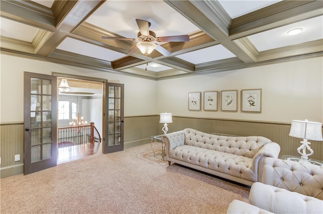 2740 Drayton Hall Dr, Buford, GA 30519 - living area featuring coffered ceiling, beamed ceiling, and wainscoting
