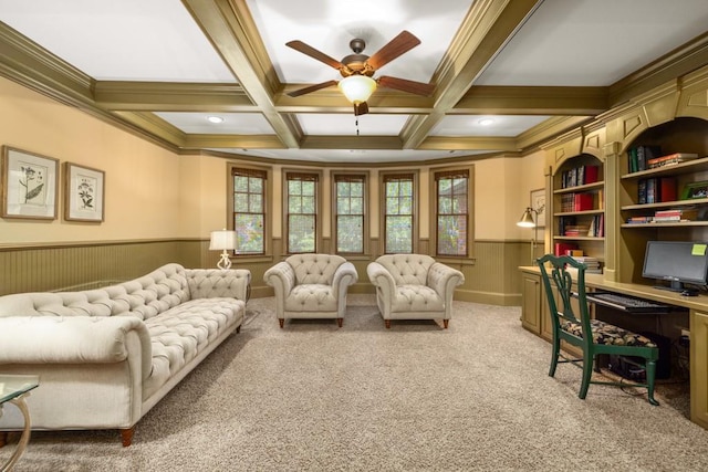2740 Drayton Hall Dr, Buford, GA 30519 - living area featuring wainscoting, beamed ceiling, coffered ceiling, light colored carpet, and ceiling fan