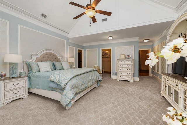 2740 Drayton Hall Dr, Buford, GA 30519 - bedroom with high vaulted ceiling, ornamental molding, visible vents, light carpet, and baseboards