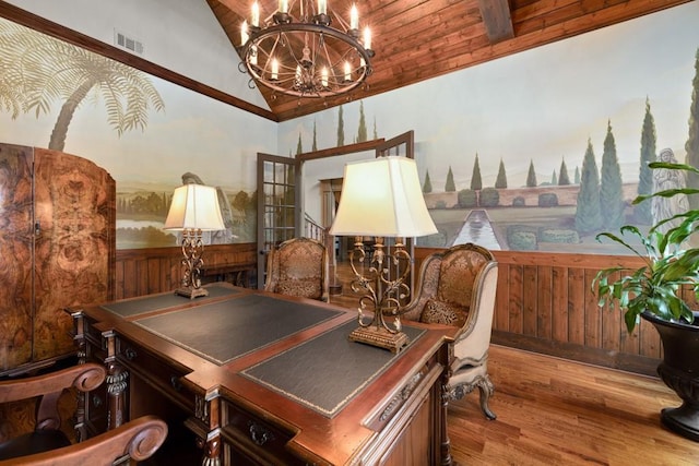 2740 Drayton Hall Dr, Buford, GA 30519 - home office with wooden walls, a notable chandelier, visible vents, and a wainscoted wall