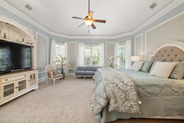 2740 Drayton Hall Dr, Buford, GA 30519 - carpeted bedroom with crown molding, visible vents, and a ceiling fan