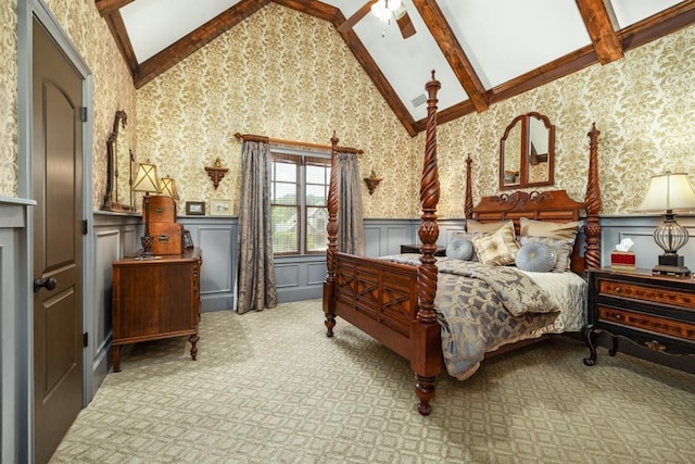 2740 Drayton Hall Dr, Buford, GA 30519 - bedroom featuring wainscoting, lofted ceiling with beams, and wallpapered walls