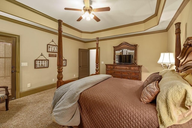 2740 Drayton Hall Dr, Buford, GA 30519 - carpeted bedroom featuring a raised ceiling, crown molding, baseboards, and a ceiling fan