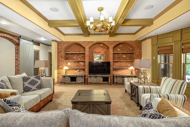 2740 Drayton Hall Dr, Buford, GA 30519 - carpeted living area with coffered ceiling, brick wall, a chandelier, and a barn door