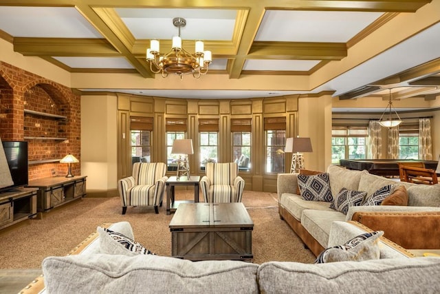 2740 Drayton Hall Dr, Buford, GA 30519 - living room with beamed ceiling, carpet, ornamental molding, a chandelier, and coffered ceiling