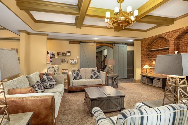 2740 Drayton Hall Dr, Buford, GA 30519 - living room featuring an inviting chandelier, a barn door, ornamental molding, carpet floors, and coffered ceiling