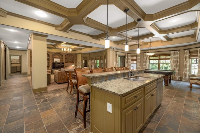 2740 Drayton Hall Dr, Buford, GA 30519 - kitchen featuring dishwasher, a sink, open floor plan, a breakfast bar, and coffered ceiling