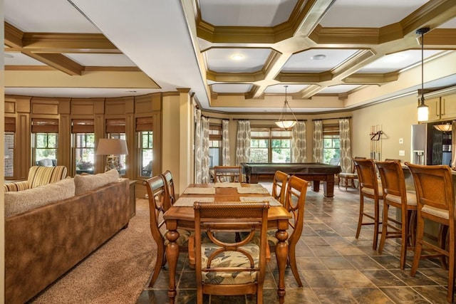 2740 Drayton Hall Dr, Buford, GA 30519 - dining room featuring ornamental molding, beam ceiling, coffered ceiling, and pool table