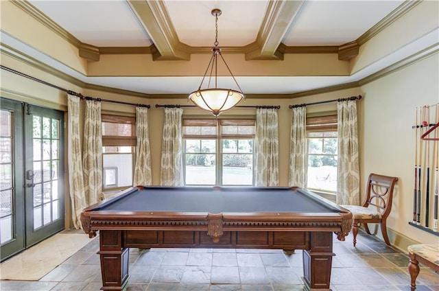 2740 Drayton Hall Dr, Buford, GA 30519 - recreation room featuring crown molding, billiards, and beam ceiling