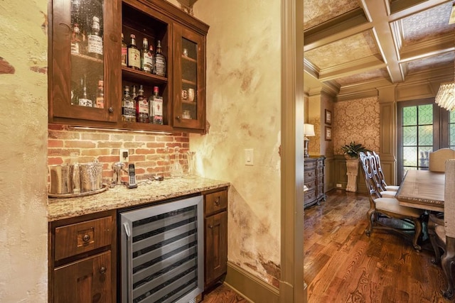 2740 Drayton Hall Dr, Buford, GA 30519 - bar with a bar, crown molding, beam ceiling, dark wood-type flooring, and beverage cooler