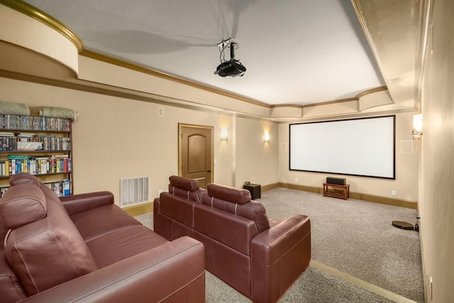 2740 Drayton Hall Dr, Buford, GA 30519 - carpeted home theater room with visible vents, baseboards, and ornamental molding