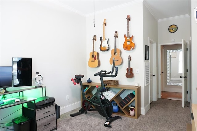 office featuring crown molding, carpet, and baseboards