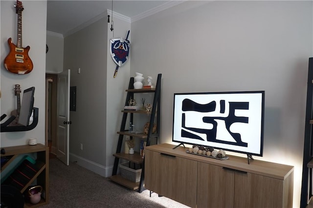 hallway featuring crown molding, carpet, and baseboards