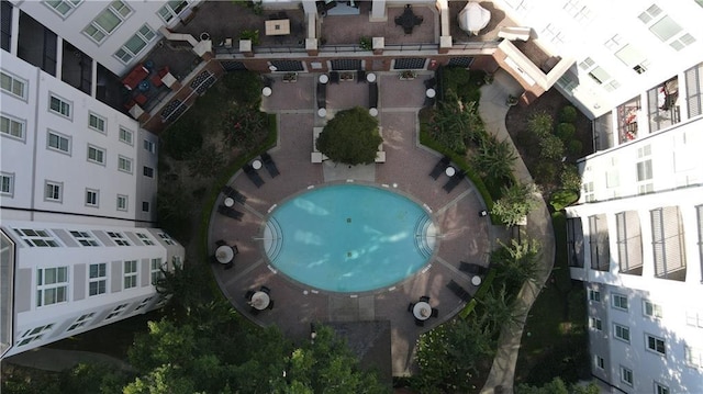 drone / aerial view of a pool