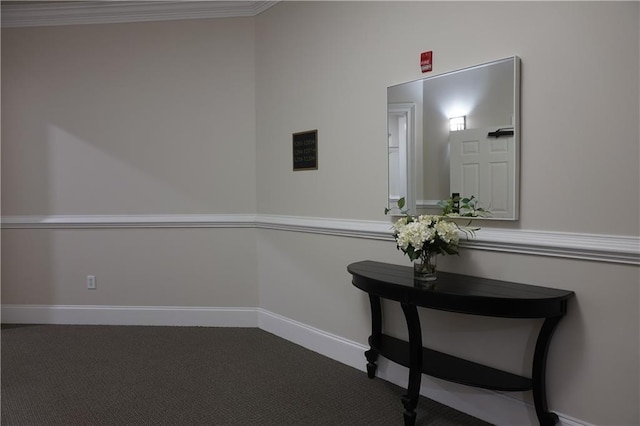 hallway featuring carpet flooring, baseboards, and ornamental molding