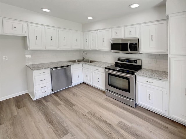 1152 Country Ct, Lawrenceville, GA 30044 - kitchen with stainless steel appliances, white cabinets, backsplash, light stone countertops, and recessed lighting