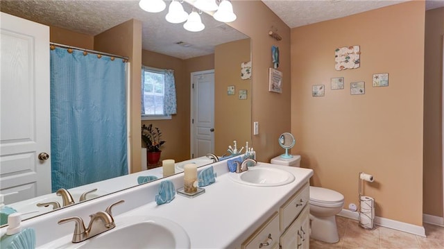 188 Crystal Creek Dr, Jasper, GA 30143 - bathroom featuring double vanity, a chandelier, a textured ceiling, tile patterned floors, and a shower with shower curtain