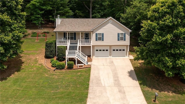 188 Crystal Creek Dr, Jasper, GA 30143 - view of front facade featuring covered porch, stairs, concrete driveway, a chimney, and a garage
