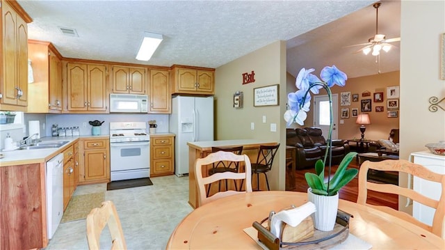 188 Crystal Creek Dr, Jasper, GA 30143 - kitchen featuring white appliances, light countertops, ceiling fan, lofted ceiling, and light flooring