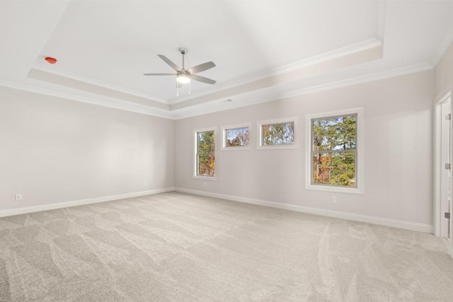 spare room featuring crown molding, a tray ceiling, light carpet, and ceiling fan