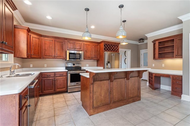 kitchen with ornamental molding, a sink, open shelves, stainless steel appliances, and built in study area