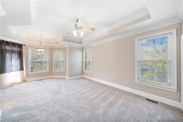 carpeted empty room with a tray ceiling, visible vents, baseboards, and a healthy amount of sunlight