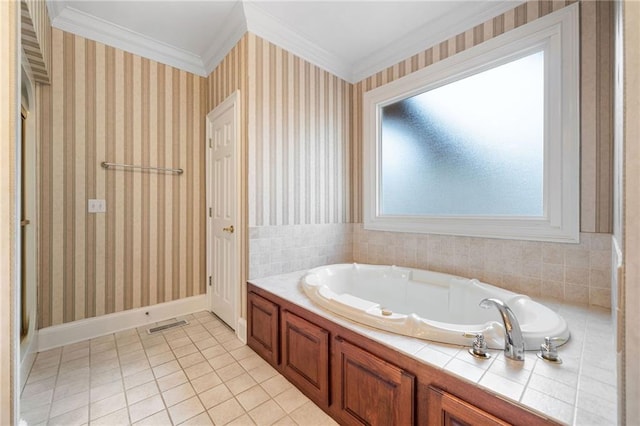 bathroom featuring a bath, tile patterned flooring, wallpapered walls, and baseboards