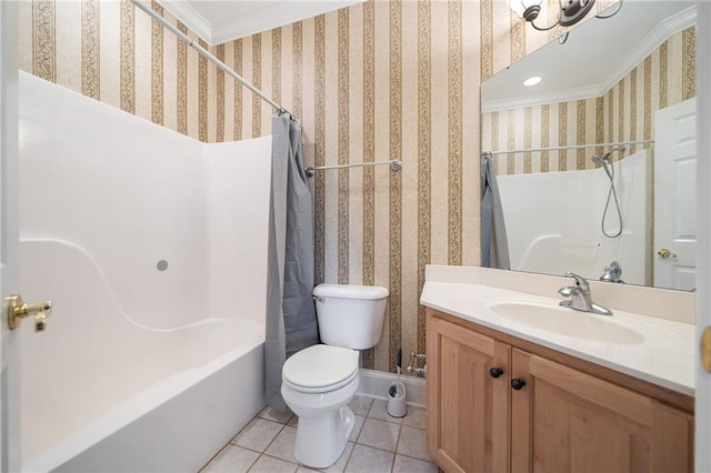 bathroom with tile patterned flooring, wallpapered walls, crown molding, toilet, and vanity