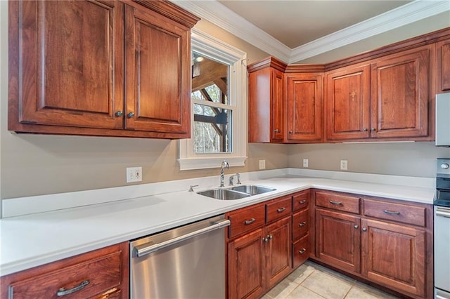 kitchen with range with electric cooktop, ornamental molding, light countertops, a sink, and dishwasher