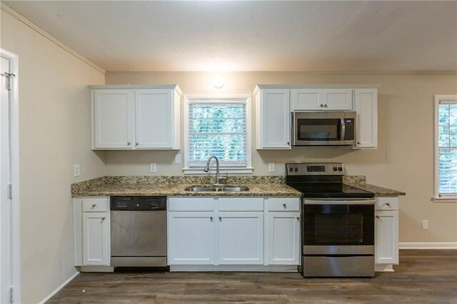 kitchen with white cabinets, stainless steel appliances, and dark hardwood / wood-style flooring