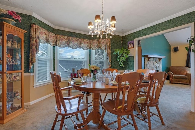 carpeted dining space with a notable chandelier, ornamental molding, and wallpapered walls