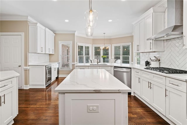997 Thousand Oaks Bnd NW, Kennesaw, GA 30152 - kitchen featuring wall chimney range hood, stainless steel appliances, a peninsula, wine cooler, and tasteful backsplash