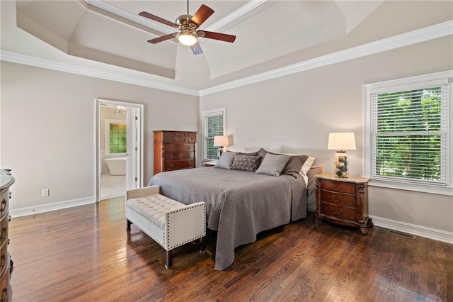 997 Thousand Oaks Bnd NW, Kennesaw, GA 30152 - bedroom featuring a raised ceiling, baseboards, dark wood finished floors, crown molding, and ceiling fan