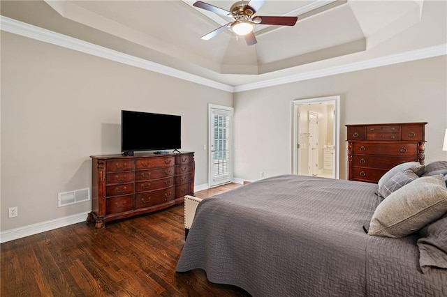 997 Thousand Oaks Bnd NW, Kennesaw, GA 30152 - bedroom featuring a tray ceiling, wood finished floors, baseboards, access to exterior, and ceiling fan