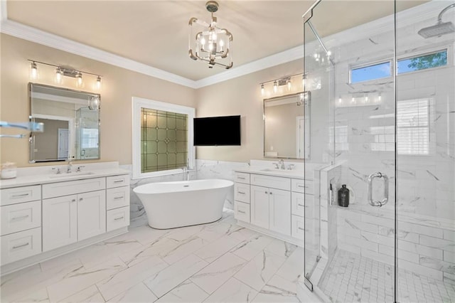 997 Thousand Oaks Bnd NW, Kennesaw, GA 30152 - full bathroom with a marble finish shower, marble finish floors, a freestanding bath, two vanities, and a chandelier