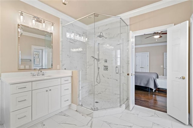 997 Thousand Oaks Bnd NW, Kennesaw, GA 30152 - ensuite bathroom featuring marble finish flooring, crown molding, vanity, a marble finish shower, and a ceiling fan