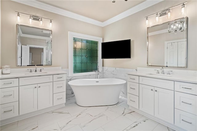 997 Thousand Oaks Bnd NW, Kennesaw, GA 30152 - full bath featuring marble finish flooring, two vanities, a freestanding tub, wainscoting, and ornamental molding