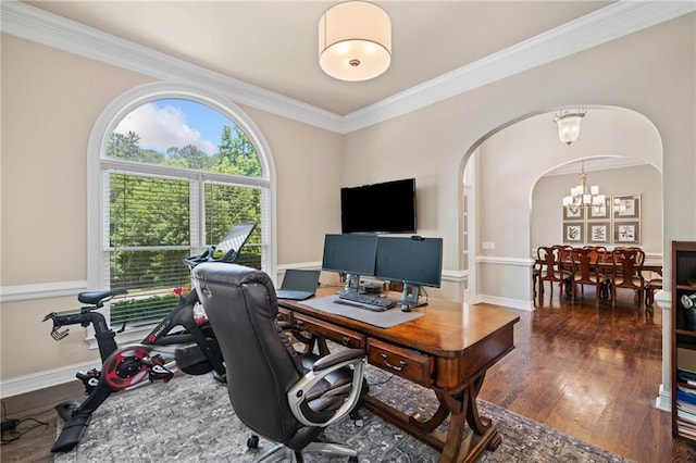 997 Thousand Oaks Bnd NW, Kennesaw, GA 30152 - office featuring arched walkways, wood finished floors, ornamental molding, a chandelier, and baseboards