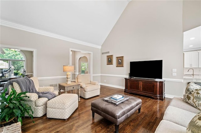997 Thousand Oaks Bnd NW, Kennesaw, GA 30152 - living area featuring high vaulted ceiling, dark wood-type flooring, crown molding, baseboards, and arched walkways