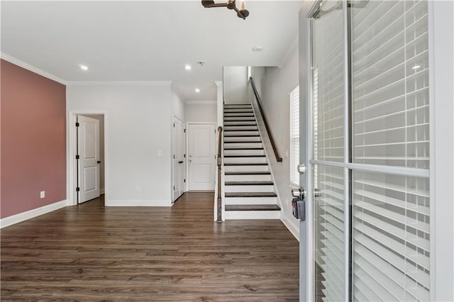 2631 Creekside Dr NW, Atlanta, GA 30318 - stairs with crown molding, wood finished floors, baseboards, and recessed lighting