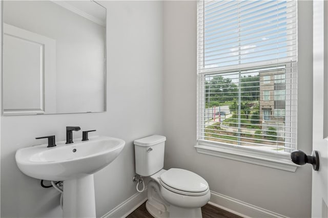 2631 Creekside Dr NW, Atlanta, GA 30318 - bathroom with baseboards, toilet, wood finished floors, crown molding, and a sink