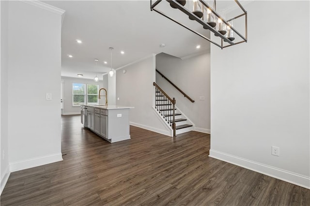 2631 Creekside Dr NW, Atlanta, GA 30318 - interior space with stairs, dark wood-style flooring, baseboards, recessed lighting, and crown molding
